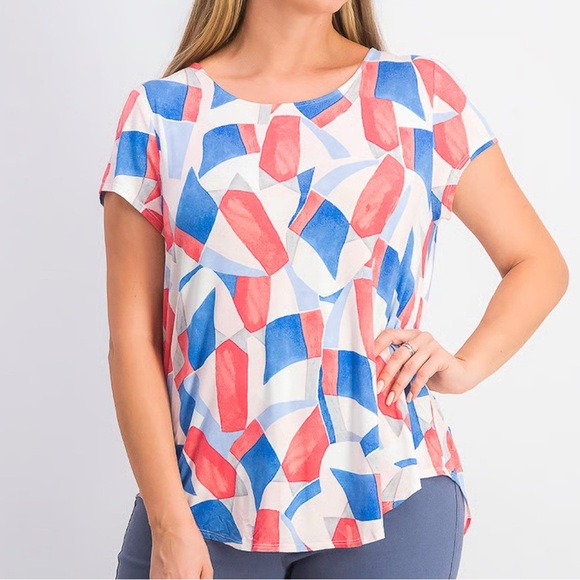 Abstract Patterned Short Sleeve Tee Casual Crewneck Lightweight Top 1X Plus - Picture 2 of 12